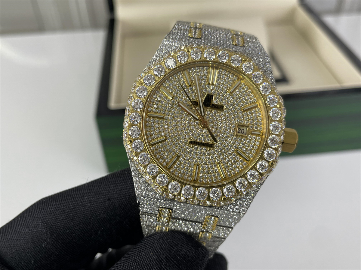 AP AUDEMARS PIGUET Mossanite Diamonds Yellow Gold Swiss Machine Watch, 42mm