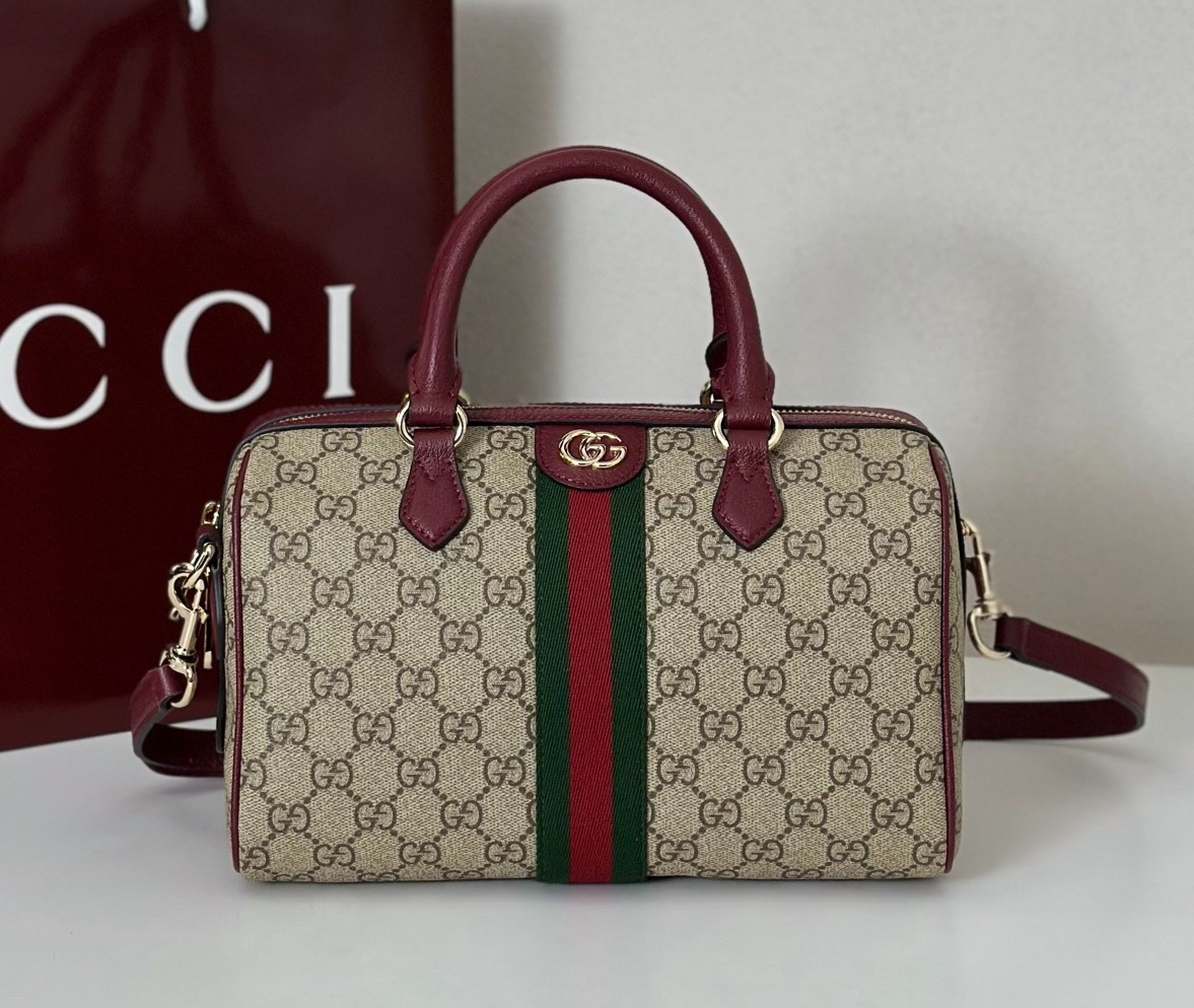 GUCCI Oidia Wine Red Tan color Handling Bag, ( 25 x 17 x 14 cm)