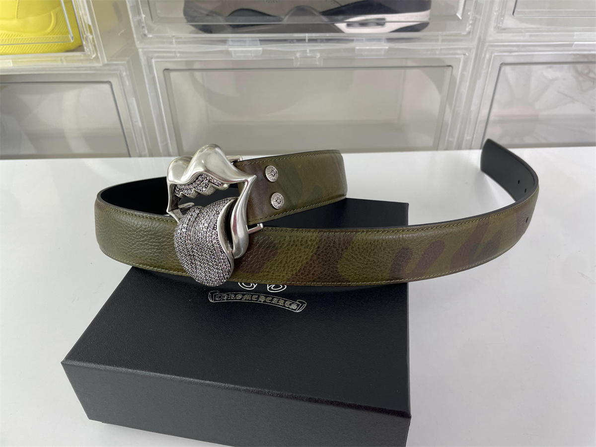 Chrome Heart Rock Tongue with Zircon stone Army Green belt, (85-120cm)