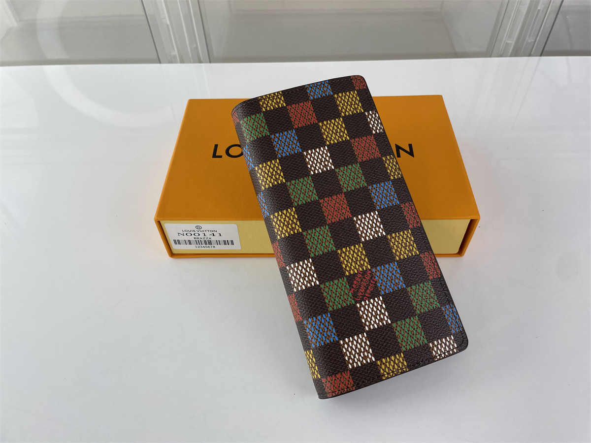 LV Louis Vuitton Brown colorful checkboard Mark long wallet with zipper, ( 19 x 10 x 2 cm)