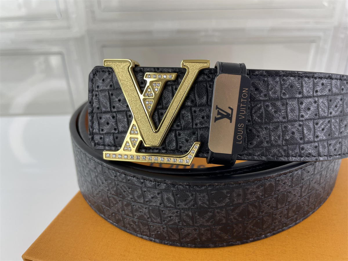 LV Louis Vuitton Black Leather Gold metal head with stones male belt, (85-125cm)