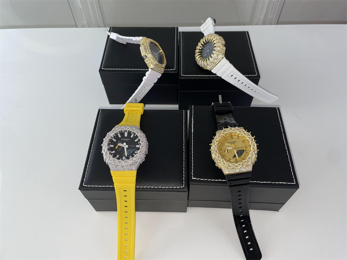 Casio G Shock silver yellow band bussdown iced out battery watch, ( price for each ）