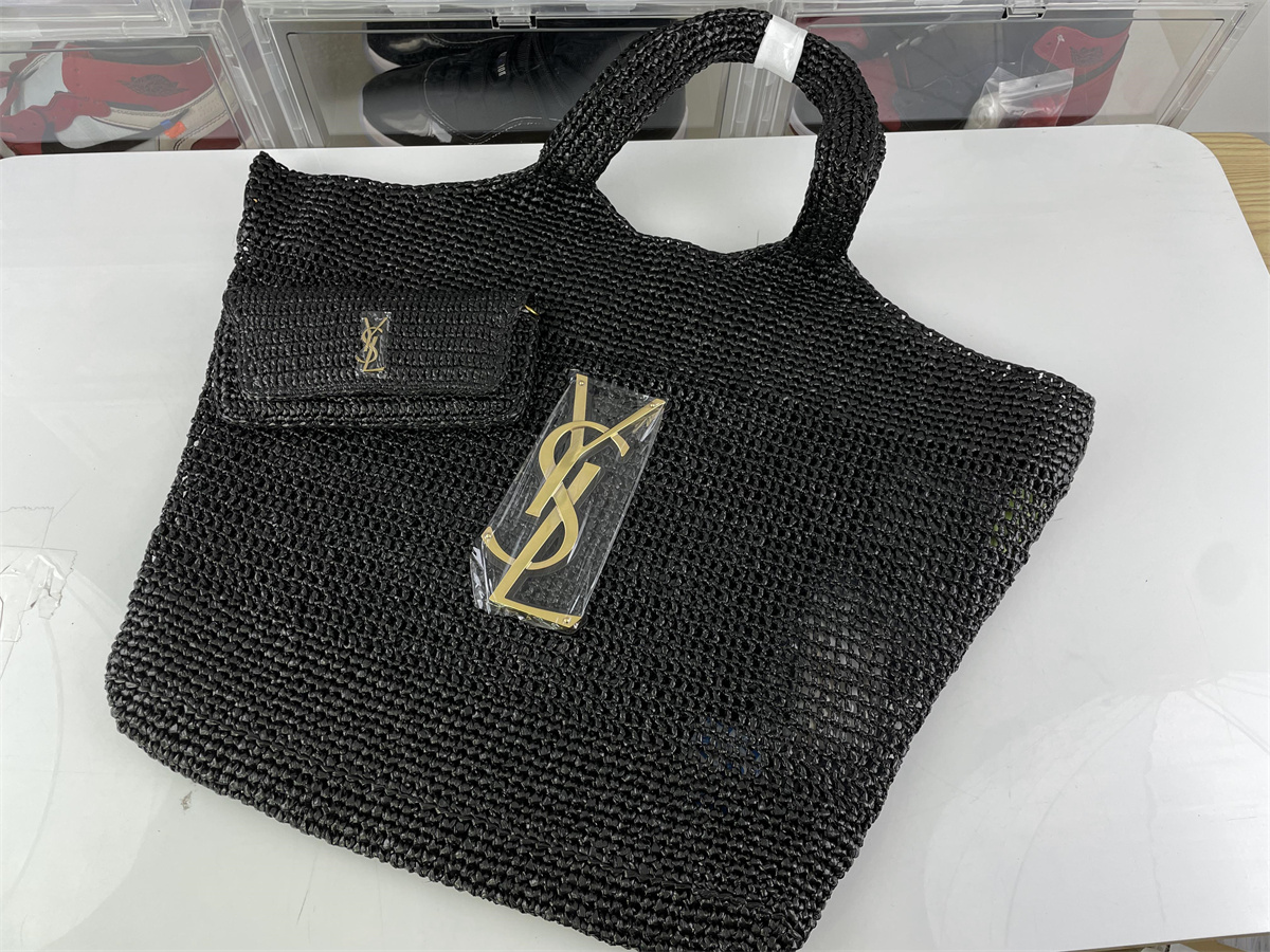 YSL Saint Laurent Black Raffia Grass ICARE Knit bag ( 55 x 43 x 5cm)