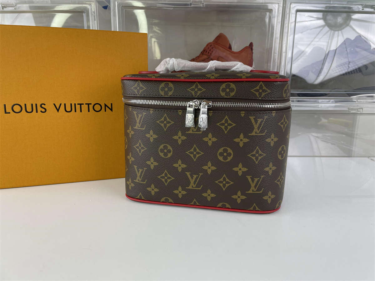LV Louis Vuitton Brown Red Nice BB Vanity Make up bag, (24 x 18 x 14.5 cm)
