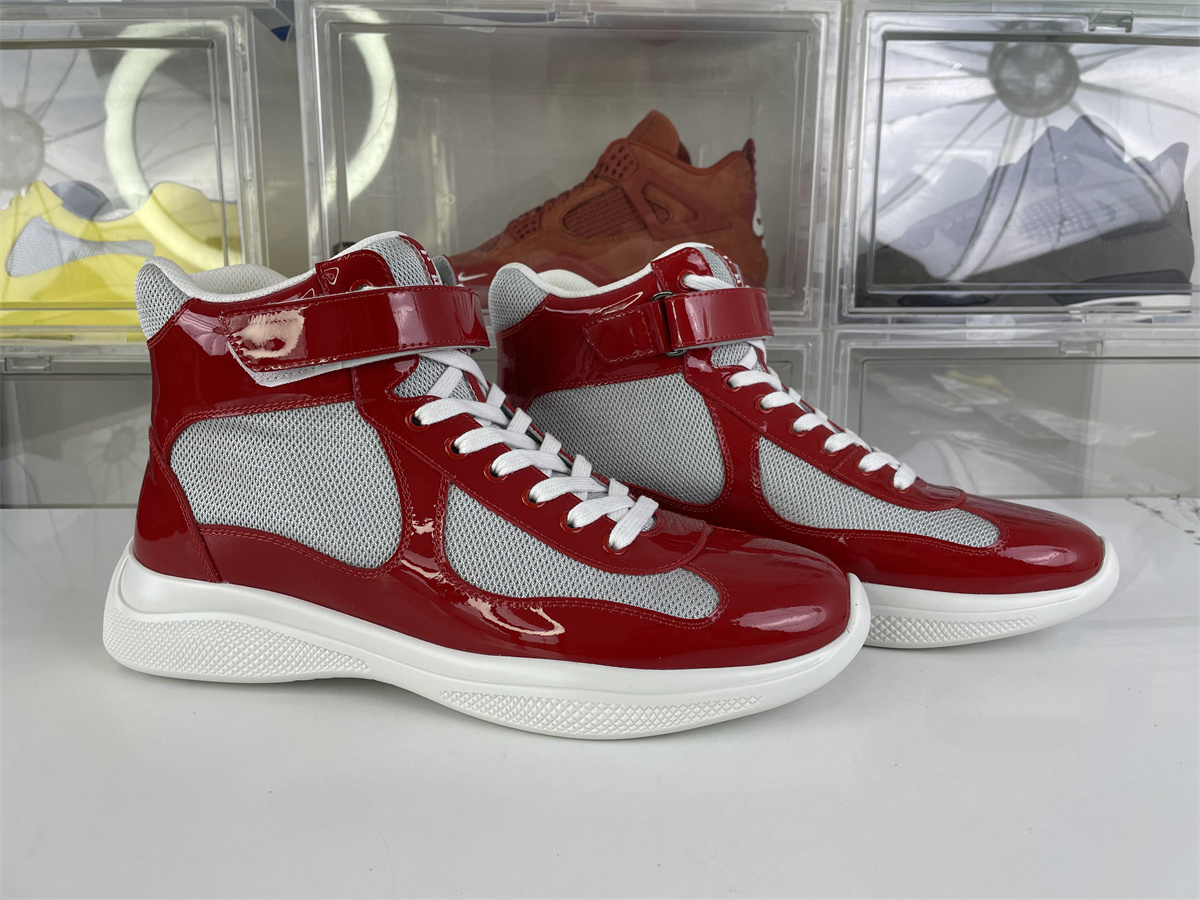 Prada America Cup Red Grey High verion Bright Leather