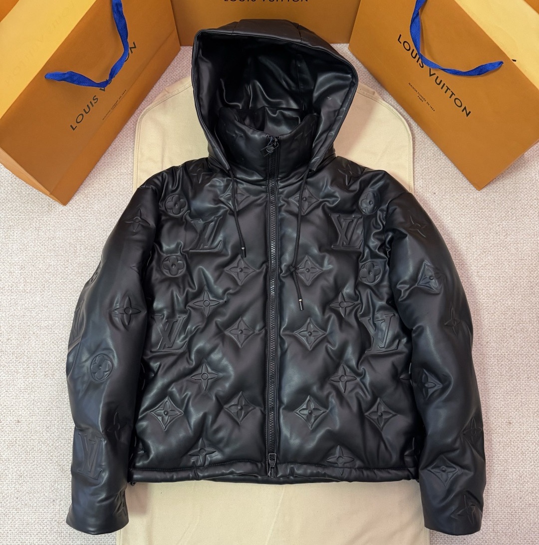 LV Louis Vuitton Black Leather Winter Coat with Goose Hairs inside, ( M- 3XL)