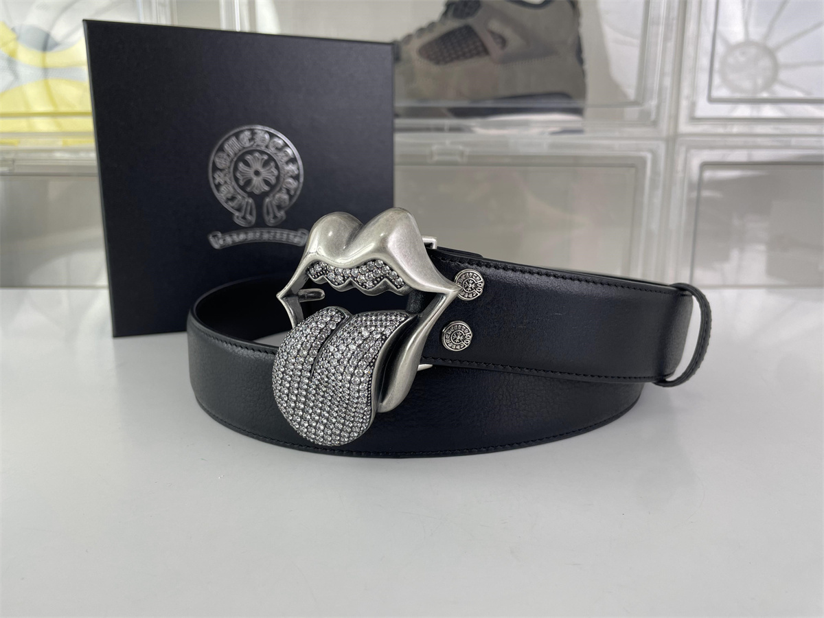 Chrome Heart Big Tongue with mossanite diamonds black belt, (85-120cm)