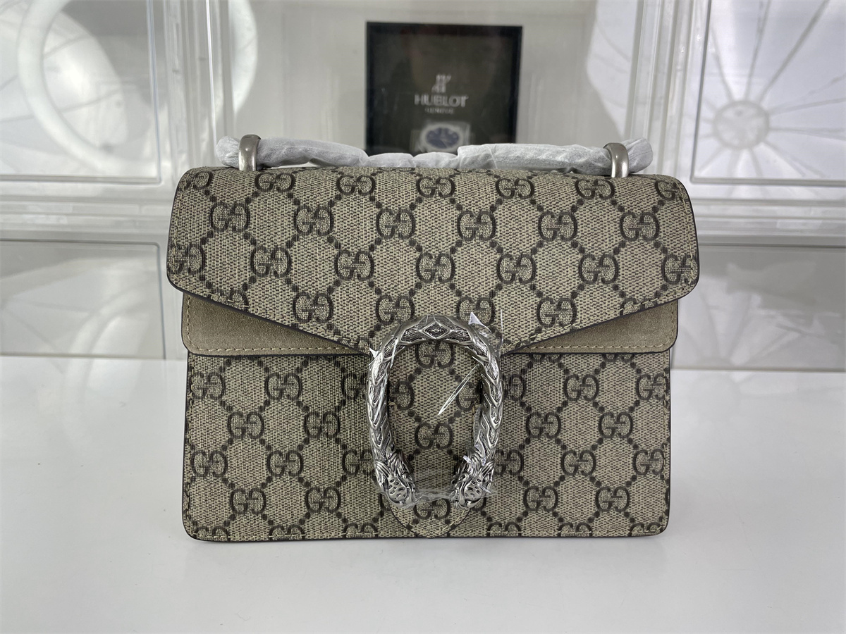 GUCCI Dionysus Mid Size Tan color Canvas Suede Bag with silver snake LOGO, ( 20 x 15.5 x 5 cm)