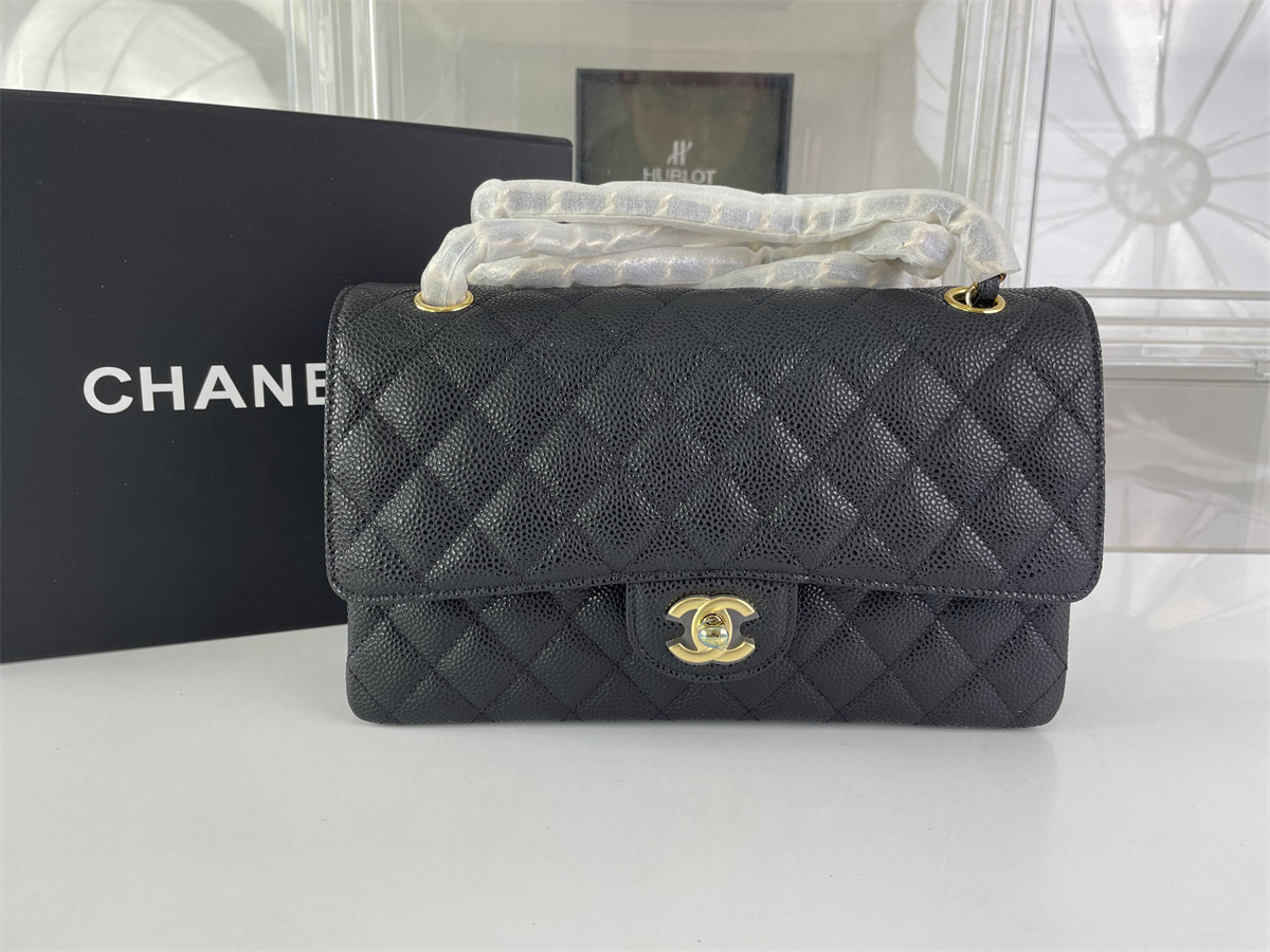 Chanel Classic Flap Black Lichi Leather bag GOLD metal & wine red inner, (25.5 x 15.5 x 6.5cm)