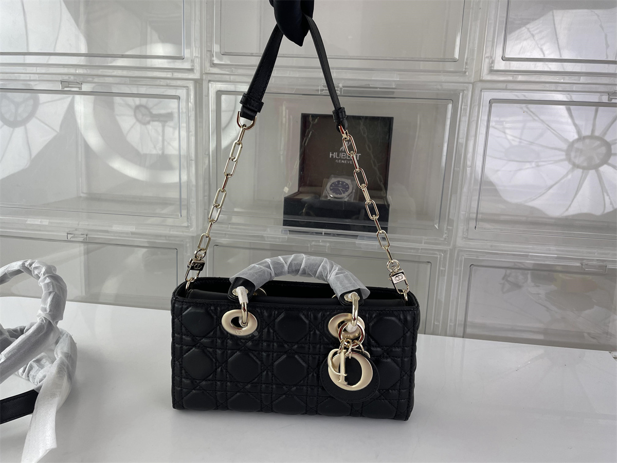 Dior Lady D-Joy Black Leather bag with Retro Gold, (22 x 12 x 6 cm）