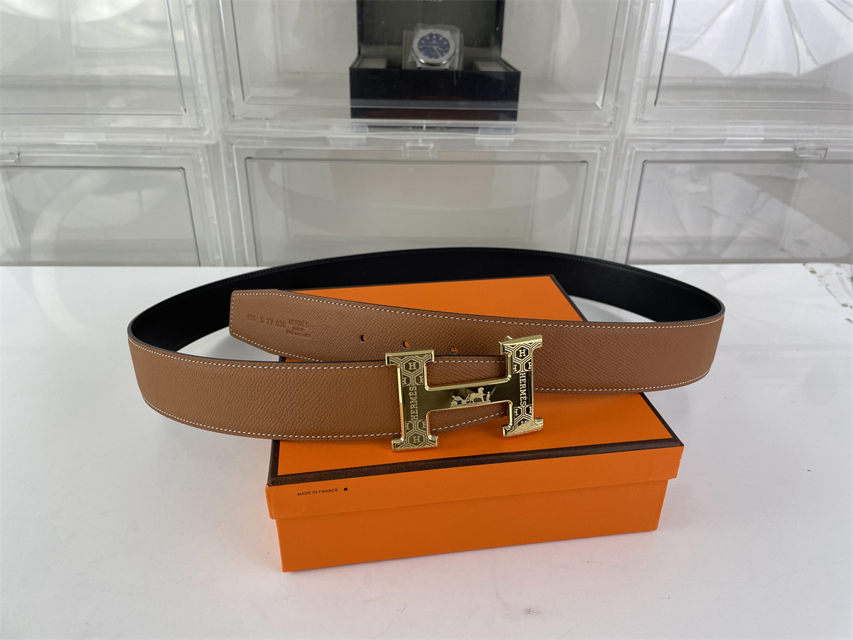 H brand Gold Metal Head Brown Black soft leather Belt, (85-125cm)