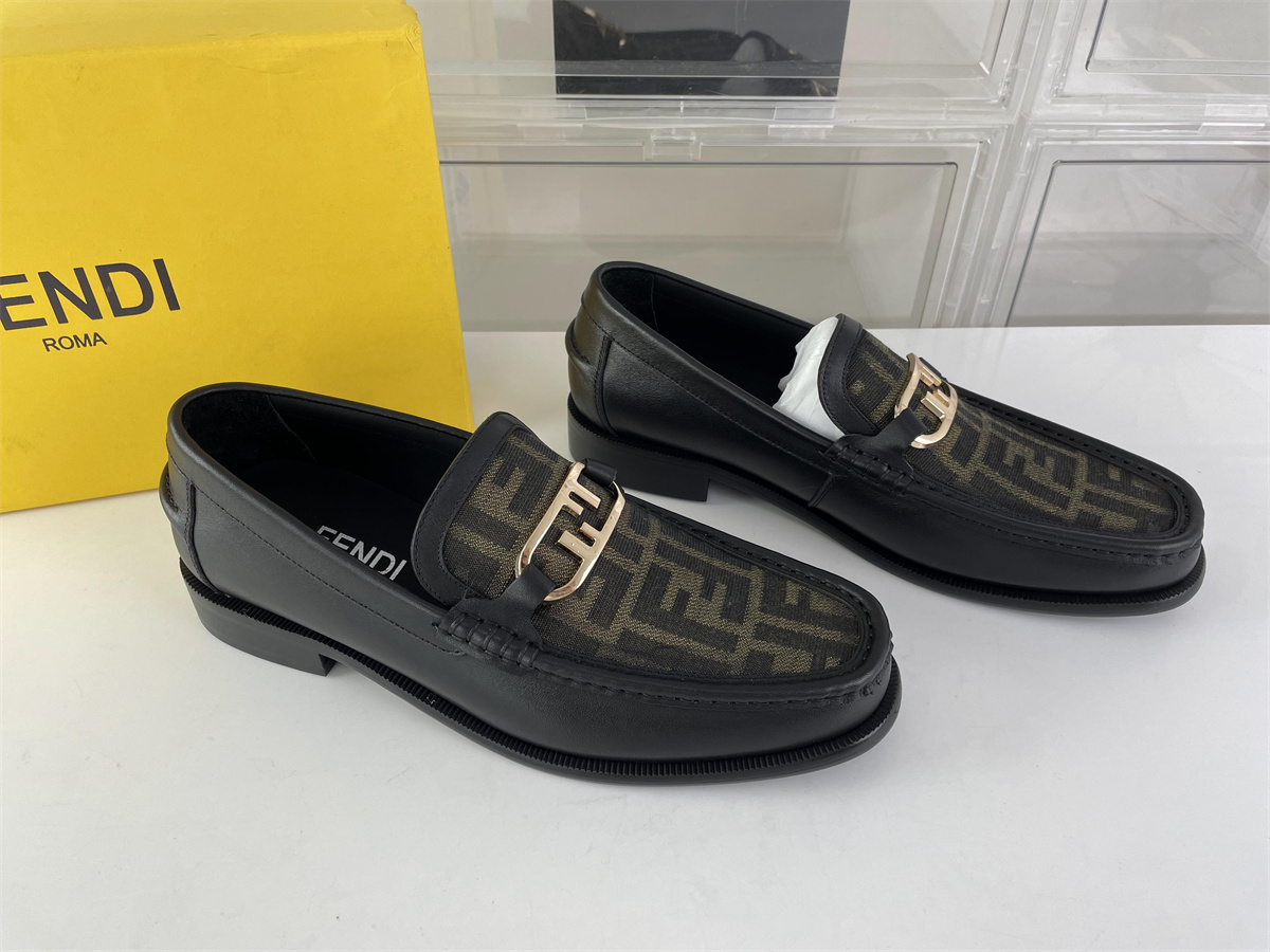 FENDI Black Brown Male Dressing shoes with Gold LOGO, (EU38-46)