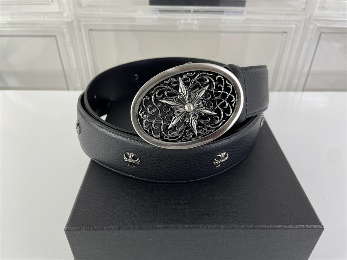 Chrome Heart Round Metal Head Black Leather Belt, (85-125cm)