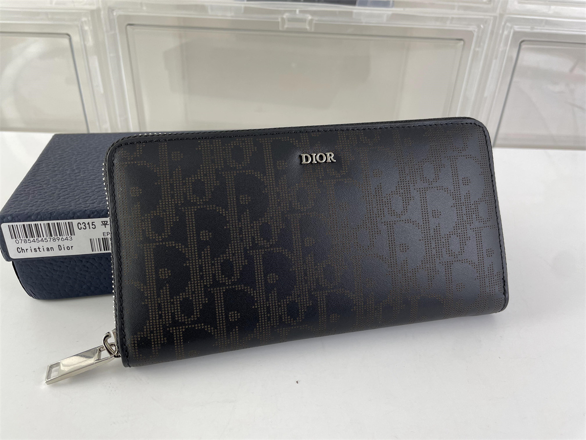 DIOR Black Brown Leather long Zipper wallet, ( 19.8 x 11 x 2.5 cm)