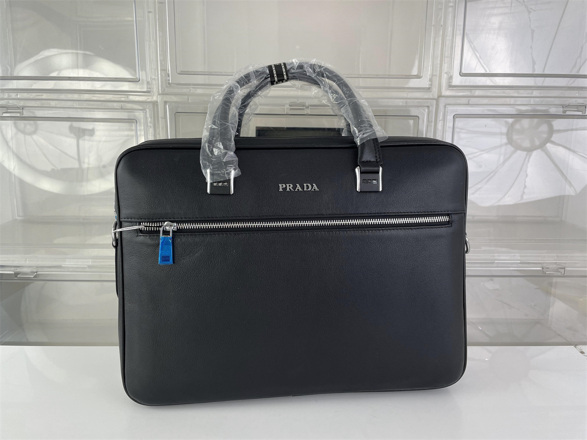 PRADA Male Black Leather Briefcase bag, ( 38 x 28 x5 cm)