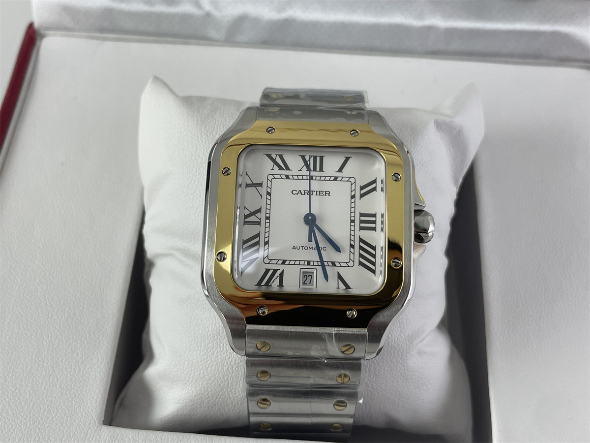 TOP LEVEL Cartier Santos Yellow Gold White dial Plate Automachine Watch, (47.5 x 39.8 x 9.38 mm)