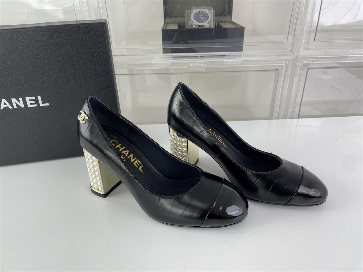 CHANEL Lady's Black Leather High Heel with Pearls on heel, (EU35-41)