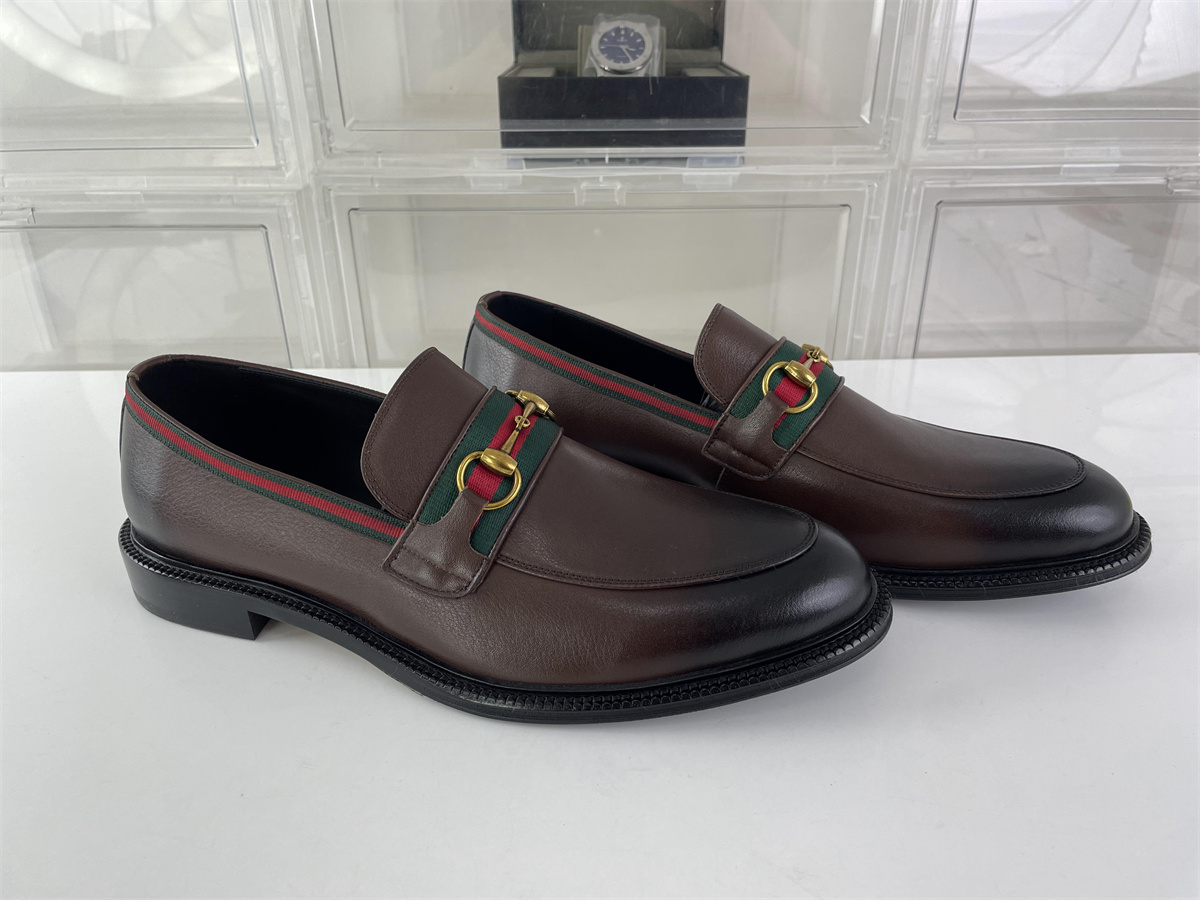 GUCCI Brown Leather Male Dressing shoes with Green red stripes, (EU38-46)