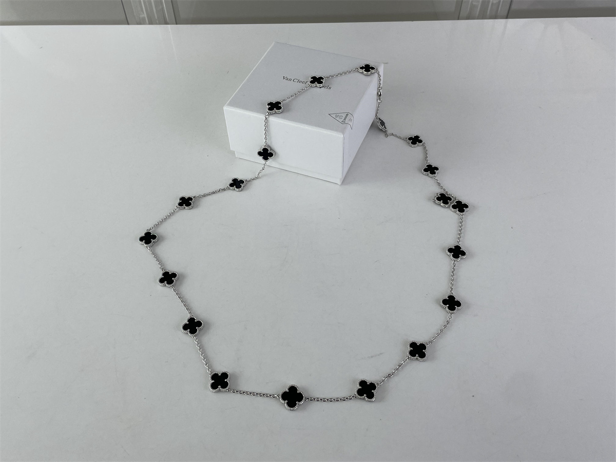 Van Cleef & Arpels Silver Black Necklace 20 leafs, (90cm length)