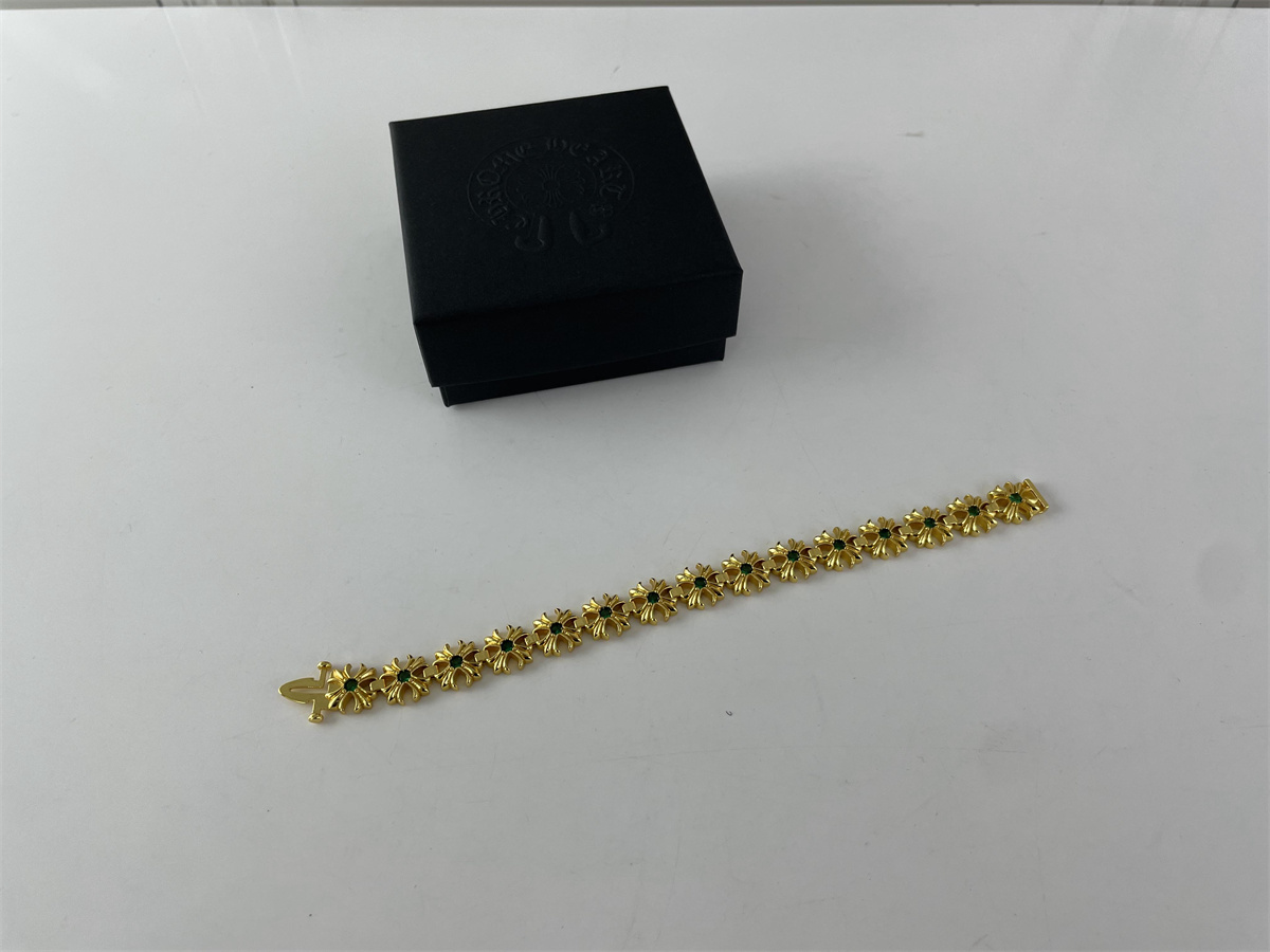Chrome Heart Yellow Gold Bracelet with Green stone, 21cm
