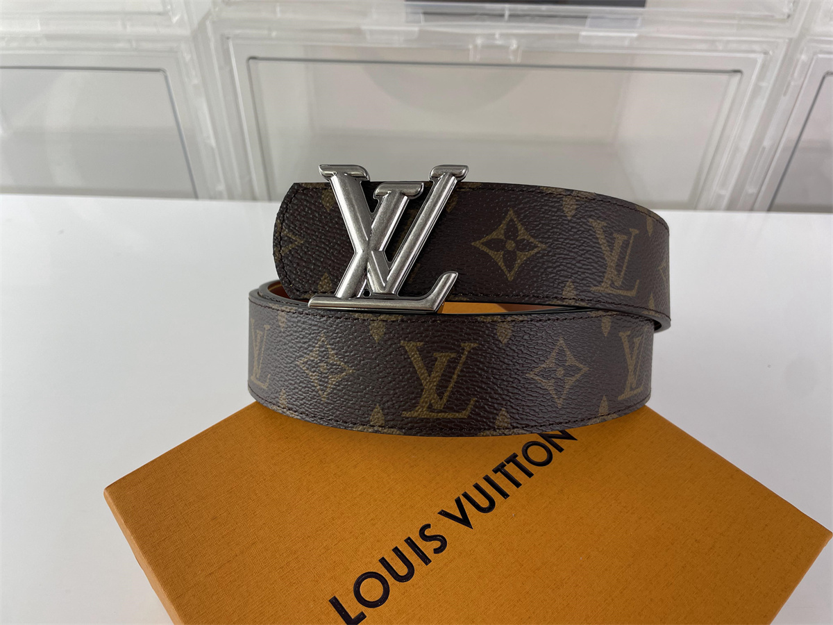 LV Louis Vuitton Brown Silver Head Male Leather Belt, (85-125cm)