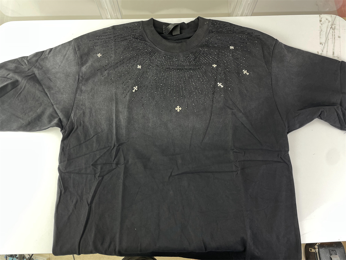 Chrome Heart Black T-Shirt with Metal LOGOs & Black Crystals, (S-XXL)