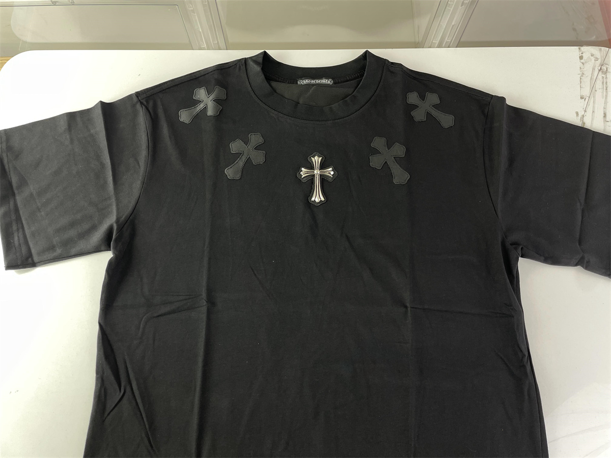 Chrome Heart Black T-Shirt with Metal & Leather LOGOs, (S-XXL)
