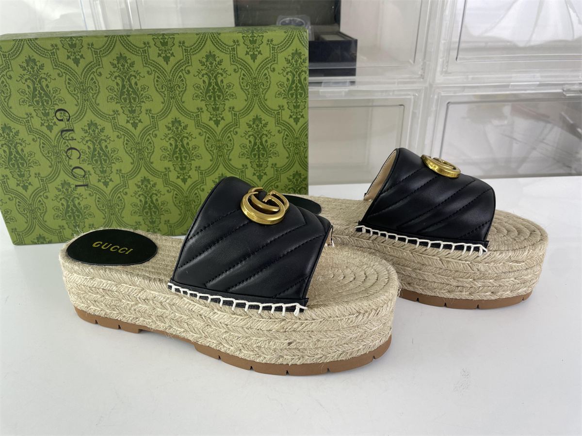 GUCCI Lady's Black Leather with Thick Grass bottom slipper, (EU35-42)