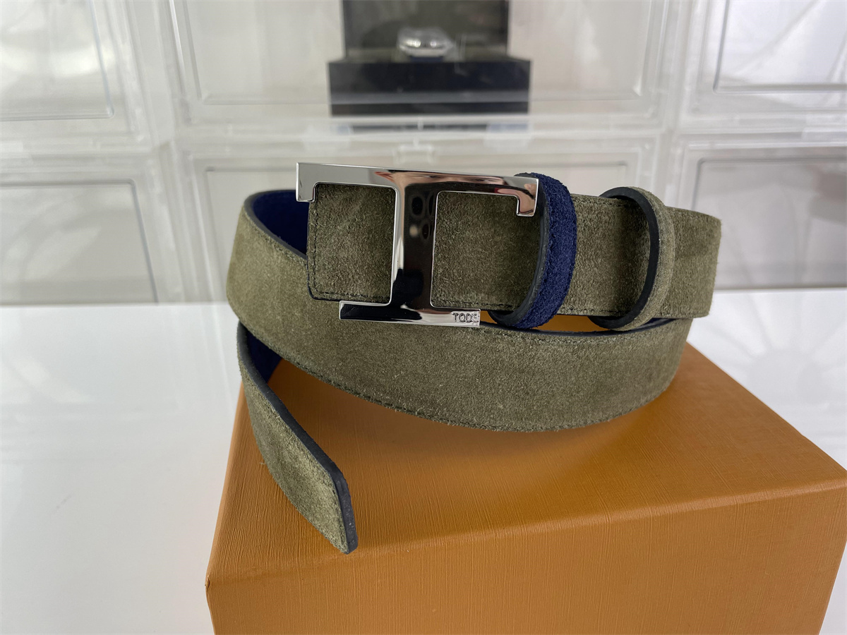 TOD'S Green Blue Suede Leather Belt, (3.5cm width, 85-125cm)