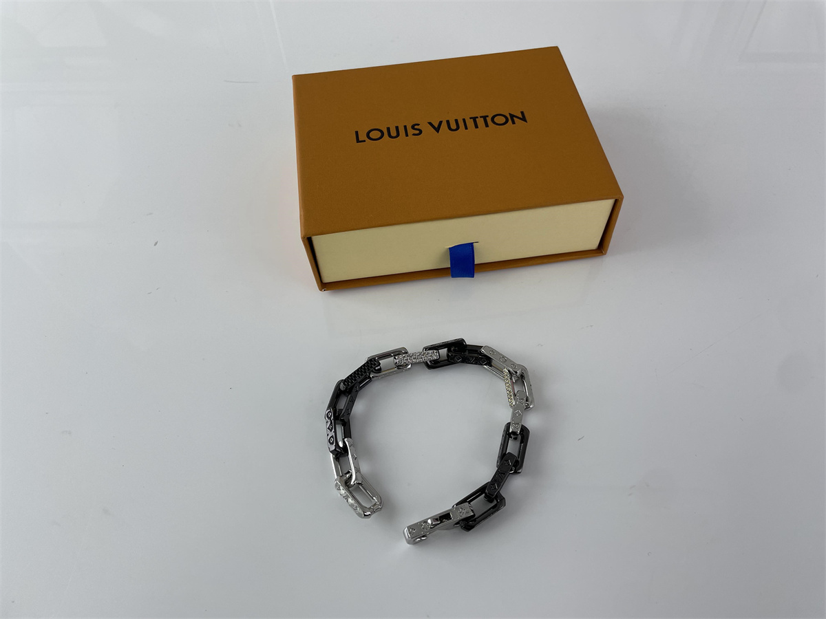 LV Louis Vuitton Black Silver Monogram Bracelet Chain, (20-23cm)