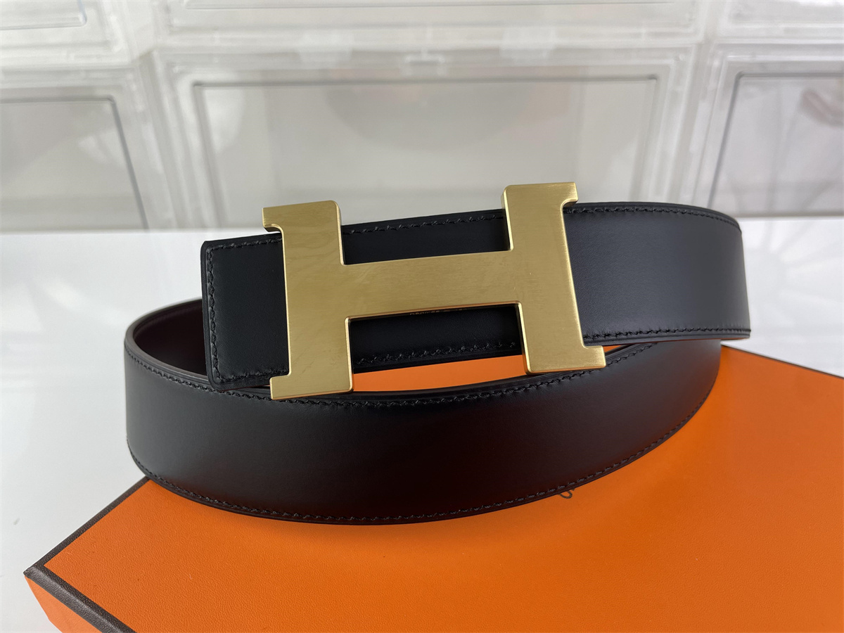 Hermes yellow Gold head black brown leather male belt, (85-125cm)