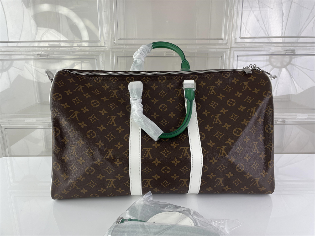LV Louis Vuitton Brown with Green White strapes Keepall Travel Bag, (50 x 29 x 22cm)