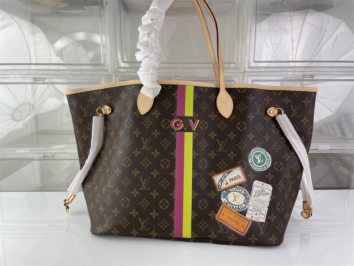 LV Louis Vuitton Neverfull Mon Monogram Brown bag with Pink words, 39cm