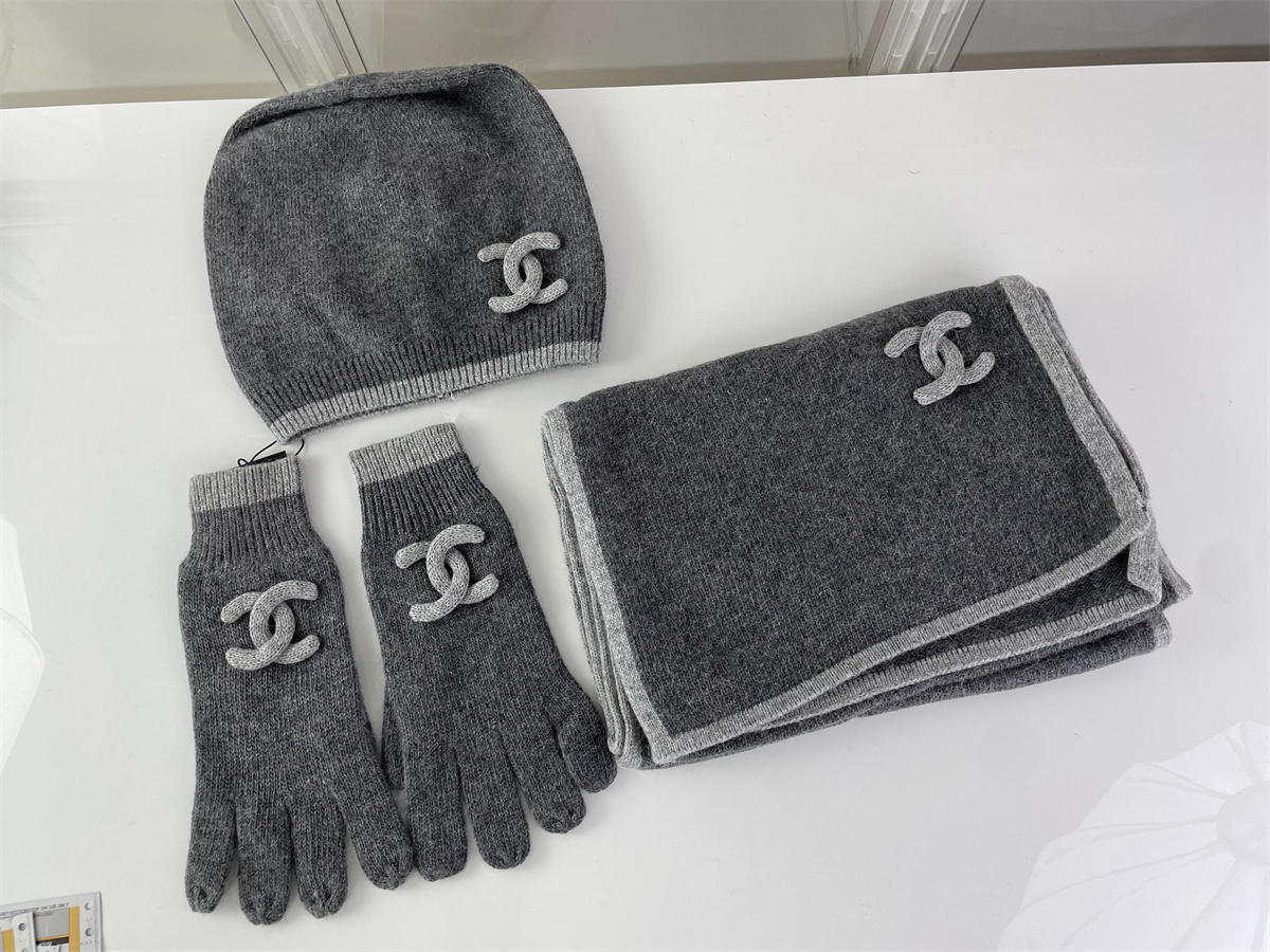 Chanel winter woolen Grey scarf hat glove for a set