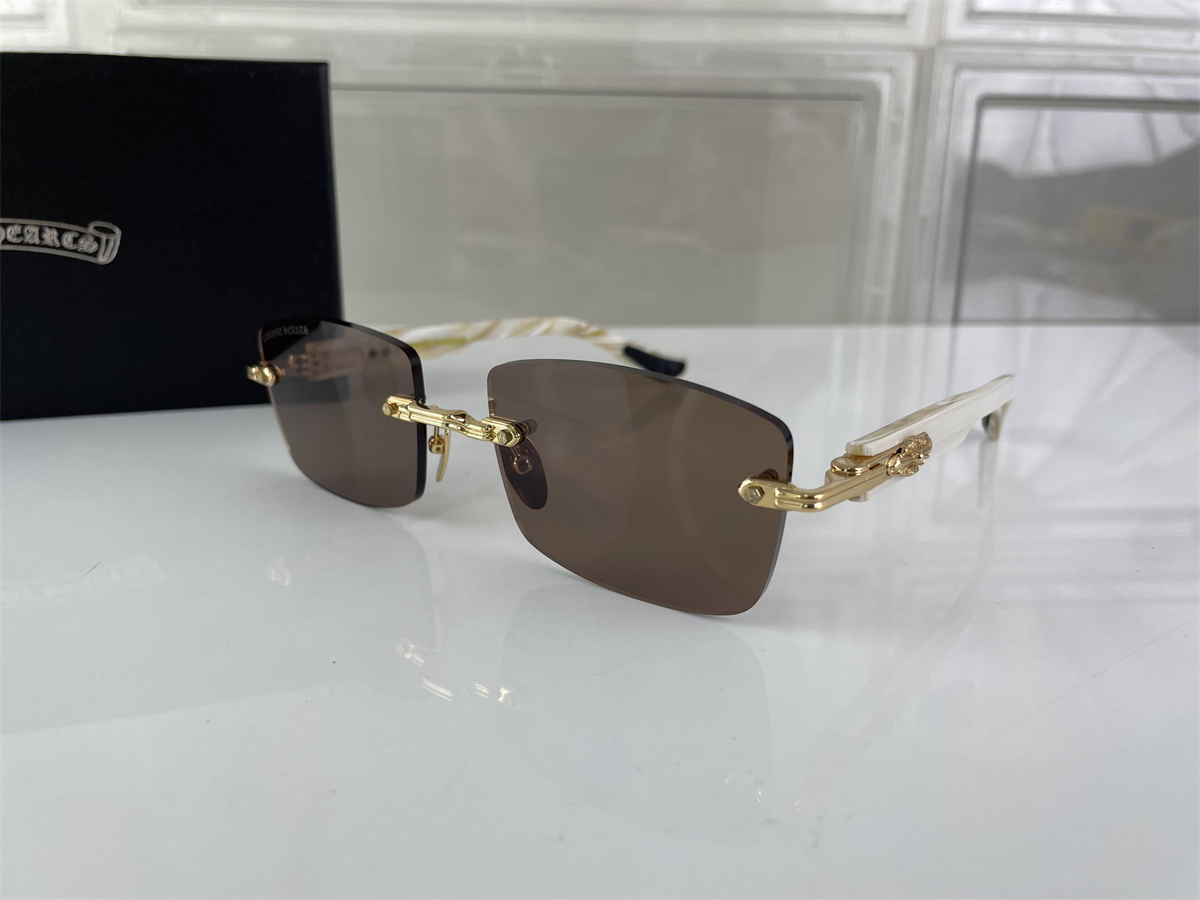 Chrome Heart Blue light protecting Brown glass Yellow Gold white Leg sunglass, (size 57)