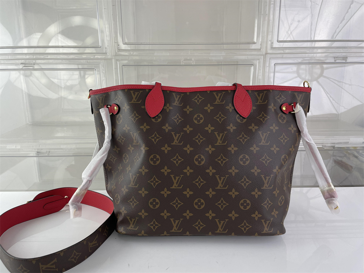 LV Louis Vuitton Neverfull Mid size purse bag Dark Brown with RED inner, ( 31 x 28 x 14 cm)