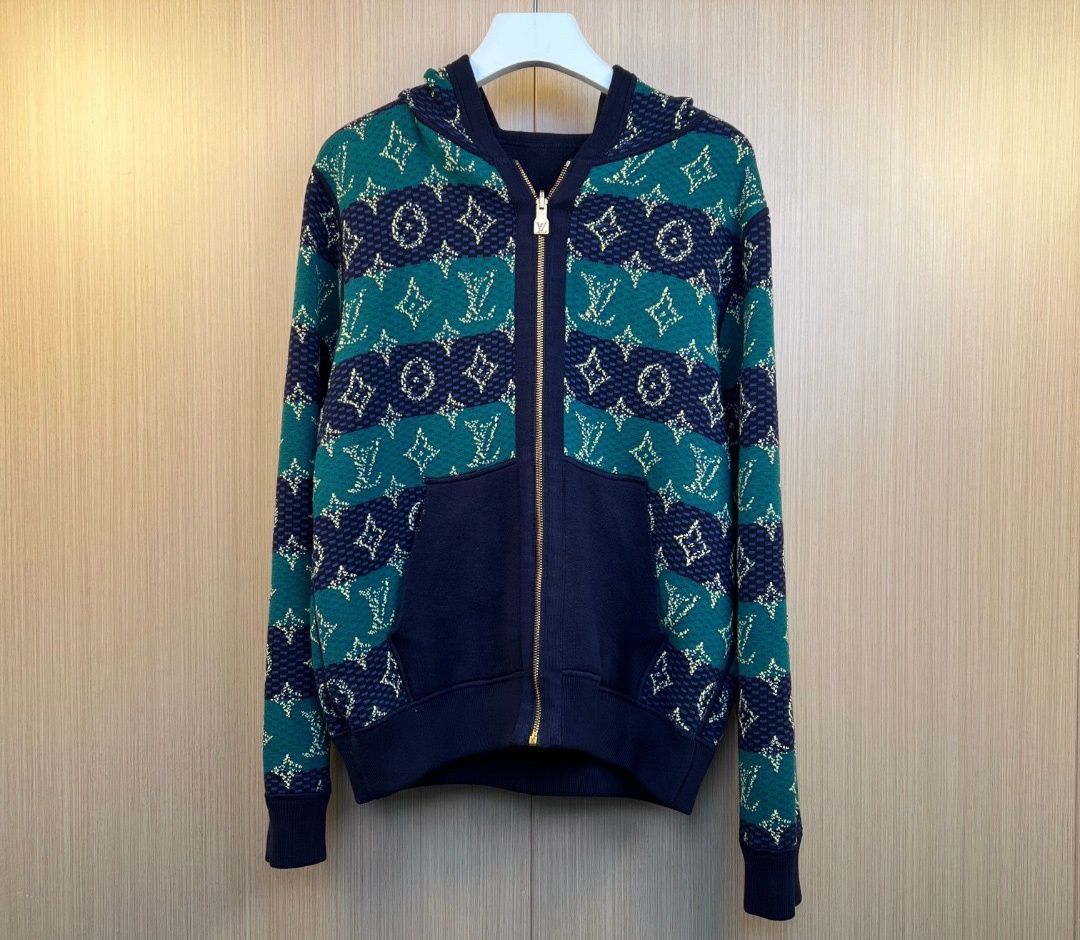 LV Louis Vuitton Dark Blue & green both sides wearing woolen hoodie, (250 pounds max)
