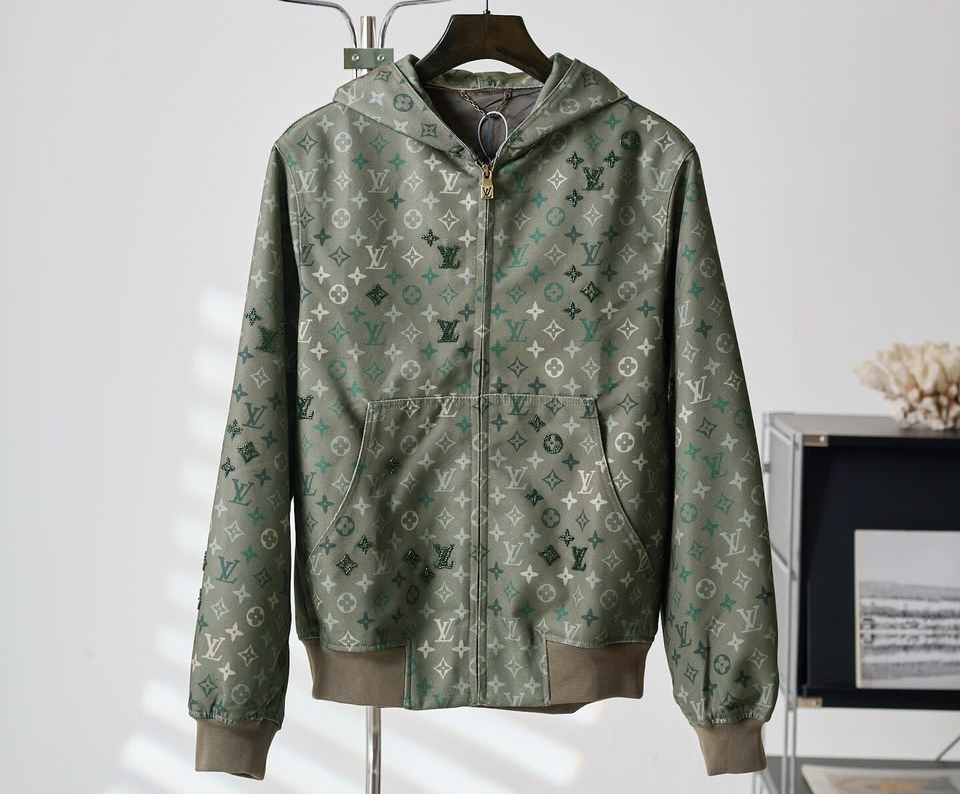 LV Louis Vuitton Army Green Canvas Jacket with Beads LOGOs, ( 46, 48, 50, 52 )