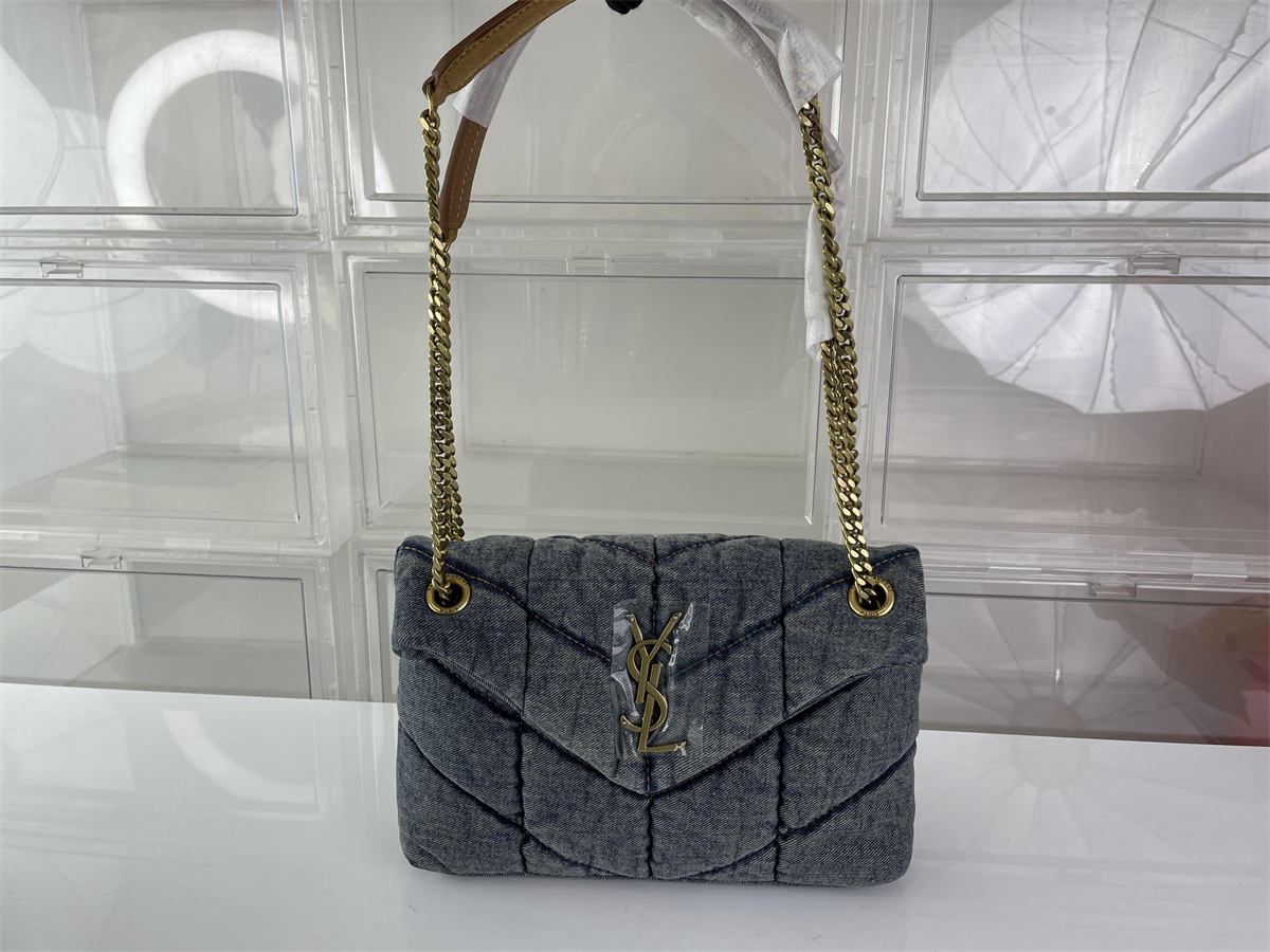 YSL LOULOU PUFFER water washed denim blue lady purse bag, (29 x 17 x 11 cm)