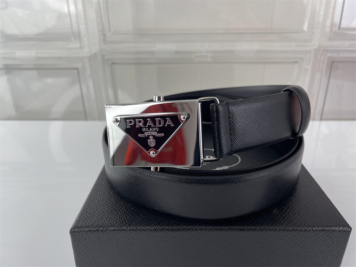 PRADA Silver Square metal head Black leather belt, (85-125cm)