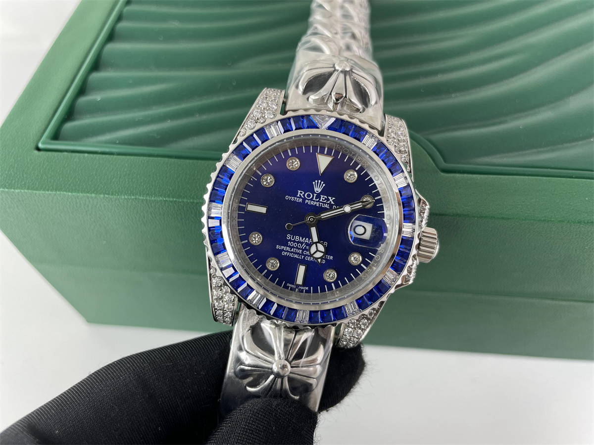 Rolex Chrome Heart Blue Submariner Automachine watch with zircon stones, 41mm
