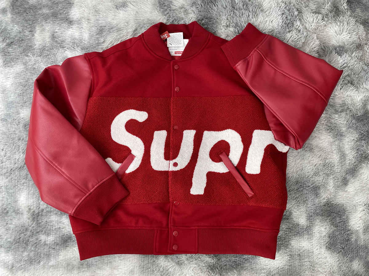 Supreme Red or Black jacket with coral fleece leather sleeve, (S - XL)